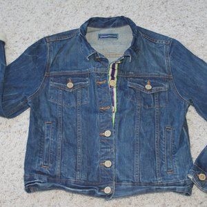 THE PREPPY ELEPHANT DENIM JEAN JACKET SZ MED WOMENS BLUE GREEN PINK RIBBON USA